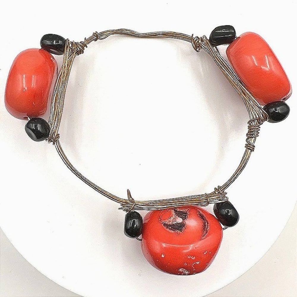 Vintage 90s Red Coral Black Bead Wire Wrapped Bracelet Boho Women's‎ Jewelry